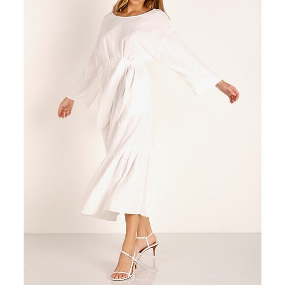 Mara Hoffman Augusta Midi Dress White Tiered Belted Long Sleeve Gauzy Sz M - Picture 2 of 13